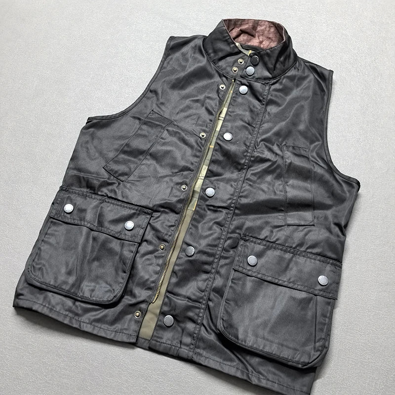 2026 Autumn Winter New American Retro Sleeveless Cargo Vest with Oil Wax Men's Multi-pockets Casual Heavyweight Waterproof Coat