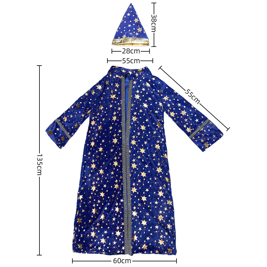 Halloween Wizard Set Includes Hat, Robe, Cloak, Magician Costume, Unisex Cloak, Vampire Costume, Blue Star and Moon Magic Magici