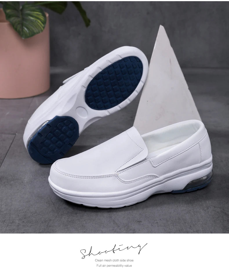 Professional White Leather Hospital Work Shoes Four Seasons Comfortable Breathable Nurse Shoes Women's Thick Base Single Shoes