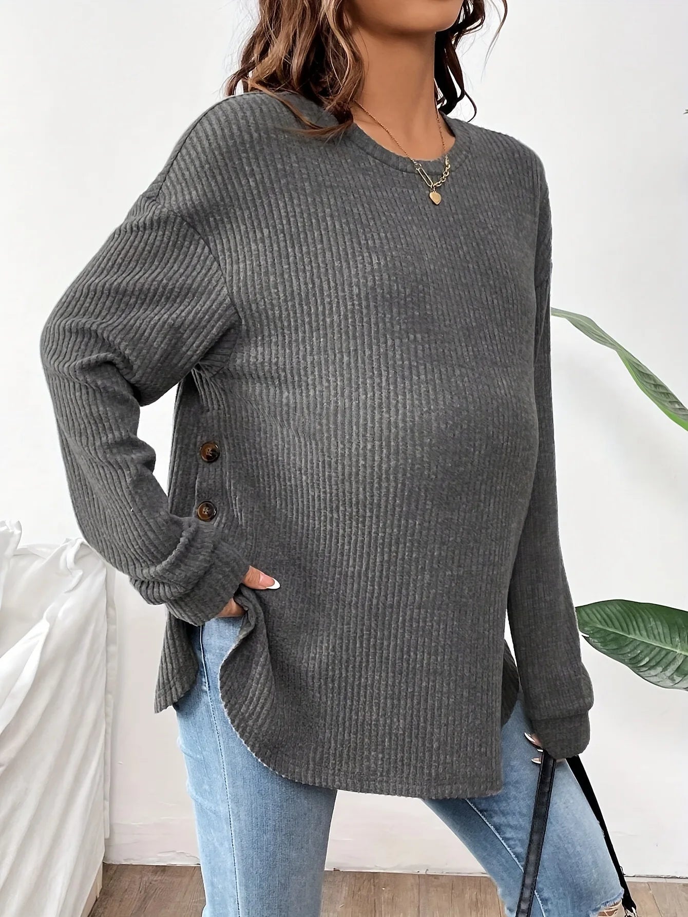 Pregnant Women's New Top For Autumn And Winter Casual Pullover Round Neck Long Sleeved Button Sweater