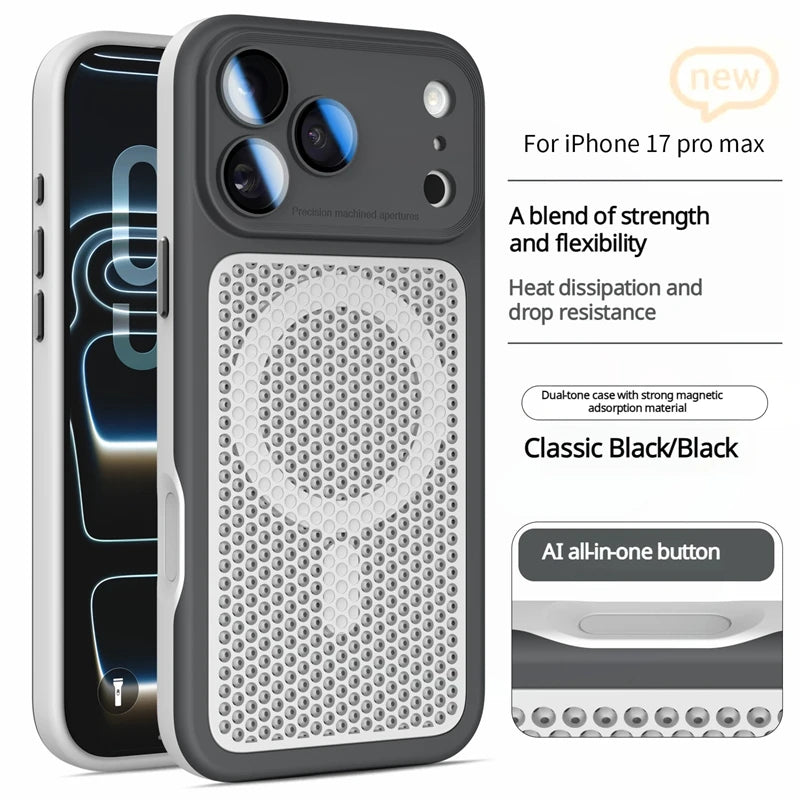 Heat Dissipation Mesh Magnetic Case for iPhone 17 15 14 13 12 16 Pro Max Plus For Magsafe Lens Protector Shockproof Bumper Cover