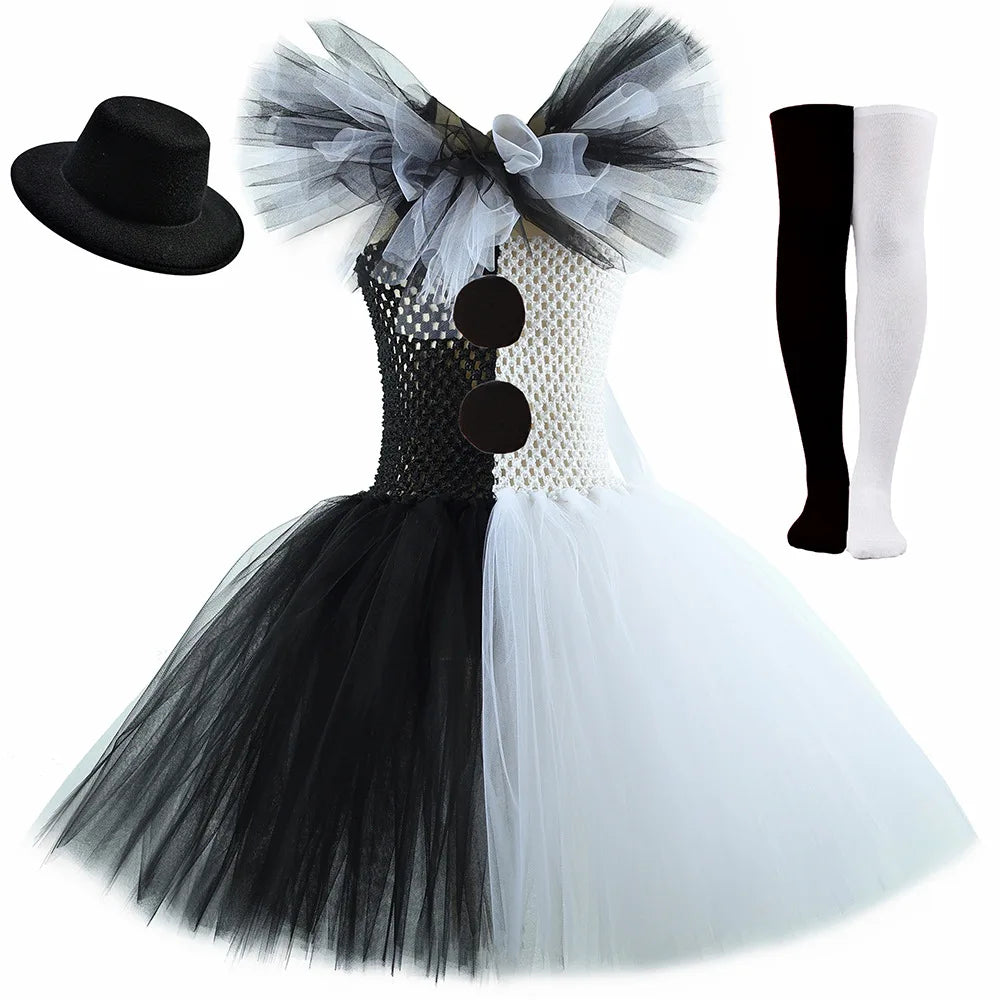 Girls Halloween Clown Costume Dress Kids Black White Scary Clown Dress with Hat Socks Gloves Set Carnival Cosplay Party Outfit