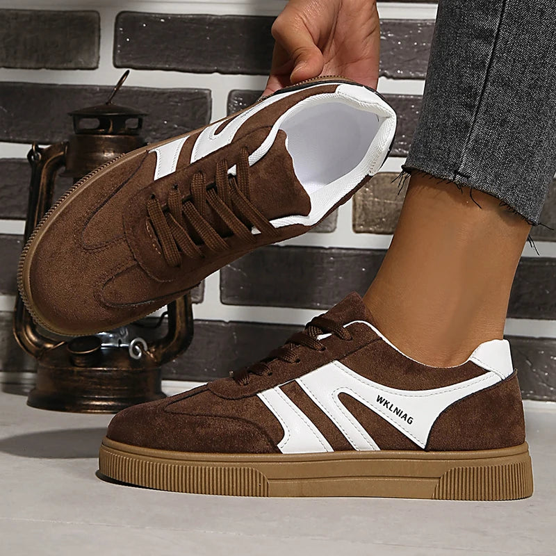 Faux Suede Brown Platform Sneakers Women 2026 Spring Non Slip Flat Heels Casual Walking Shoes Woman Thick Sole Vulcanize Shoes