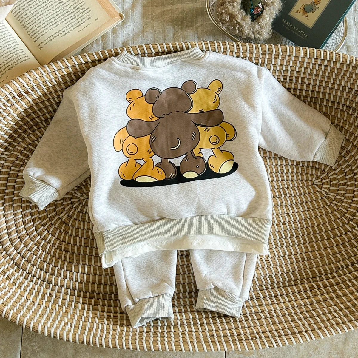 Winter Infan Baby Outfits Boy Girl Sets Velvet Cartoon Little Bear Print Cotton Long Sleeve Tops+Pants Baby  Children Clothing
