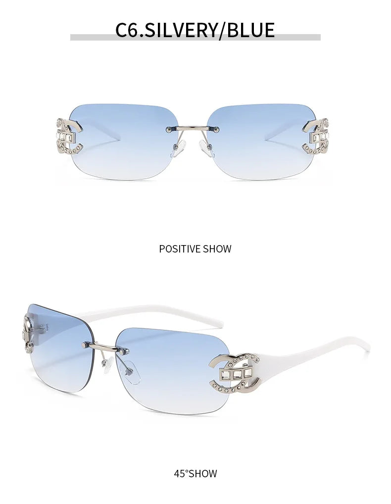 Sexy Popular Ins Rimless Square Sunglasses for Women Luxury Brand Design Diamond Punk Sun Glasses Cute Pink Shades Girls Eyewear