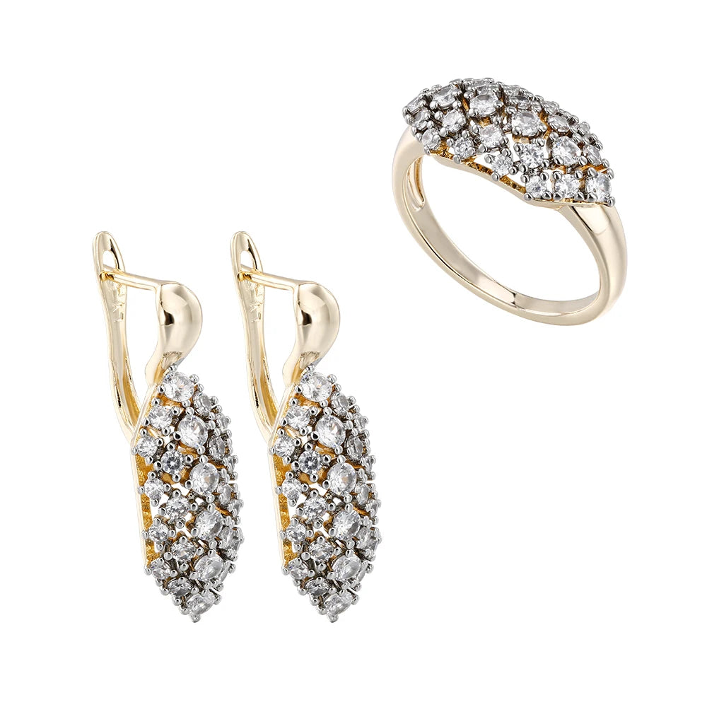 Hollow oval inlaid zircon earrings and rings three-piece elegant fashion jewelry two-tone set wedding party accessories