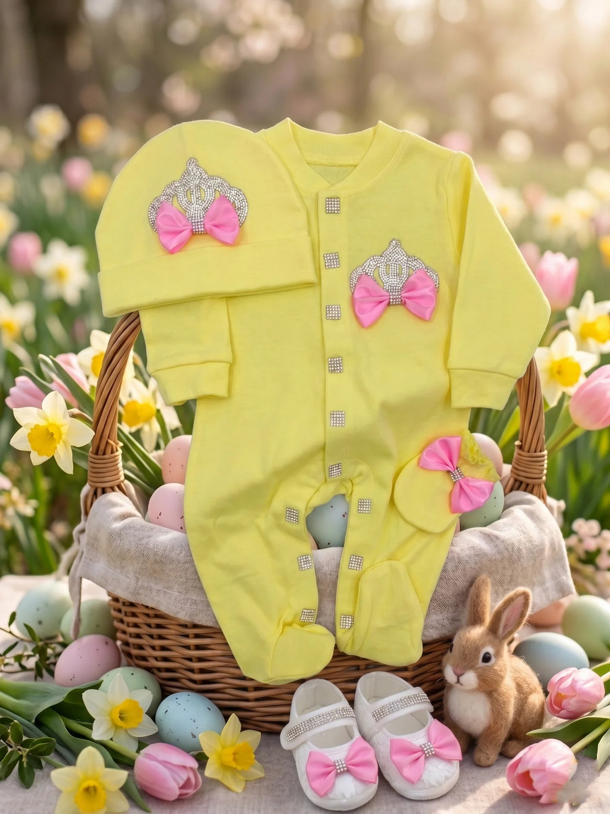 Adorable Newborn Baby Girl Princess Yellow Crown Bow Footed Romper 3Pcs Set Baby Shower Birthday Photo Outfit Gift Box