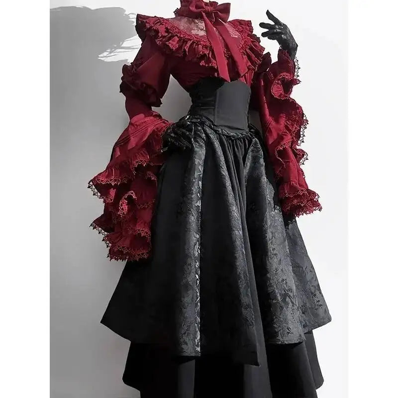 Halloween costume black and red gothic Lolita half skirt long skirt shirt two-piece set 2025 new Lolita