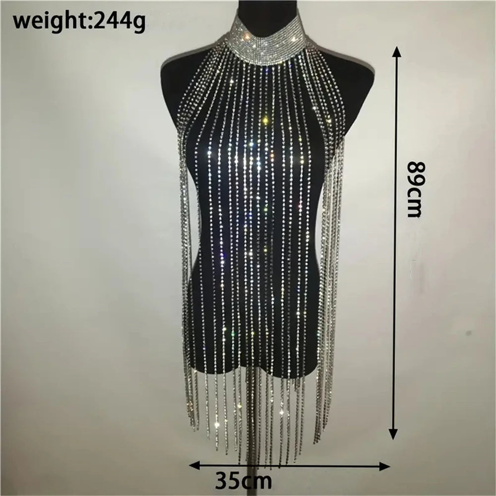 Women's Luxury Sparkling Chest Chain Rhinestone Crystal Long Tassel Bra Chain Sexy Hollow Chest Chain Top Sexy Dress Chain