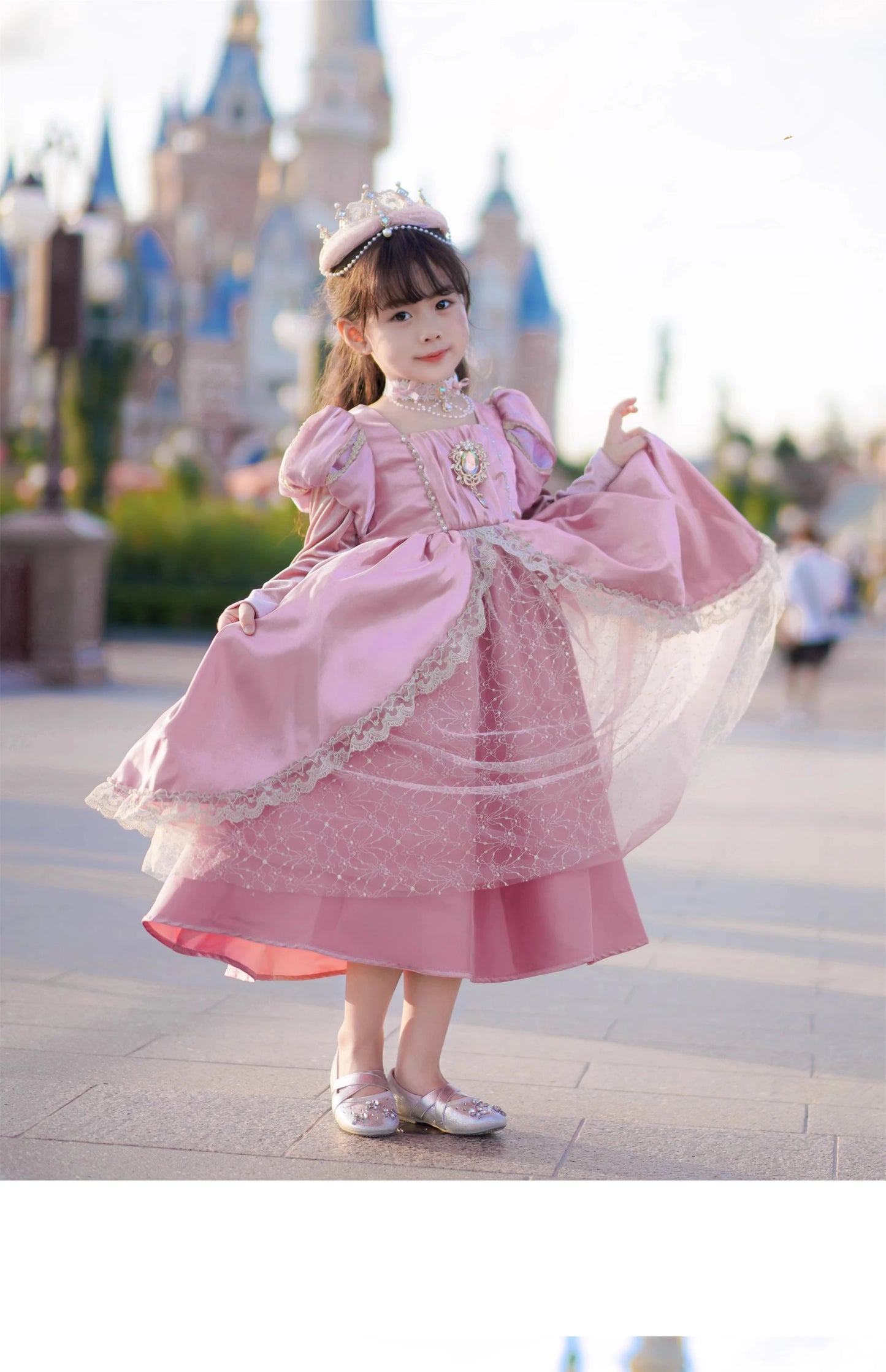 Kids Pink Aurora Princess Lolita Dress Halloween Costume Girl Sleeping Beauty Princess Cosplay Birthday Party Dresses for 2-12Y