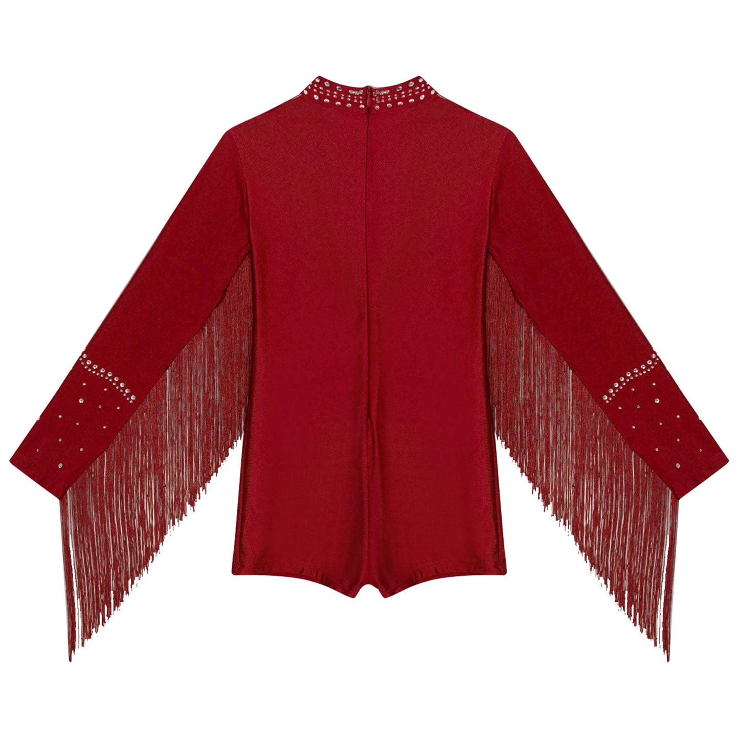 Girls Leotards Jumpsuit for Jazz Latin Skating Competition Costume Tassels Long Sleeve Rhinestones Bodysuit Modern Dancewear