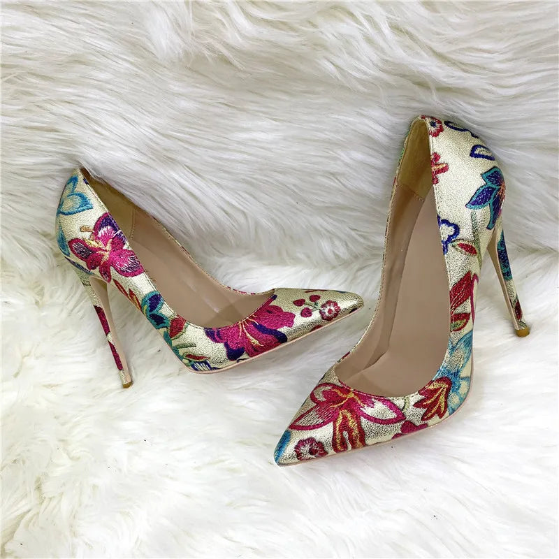 Fashion Print Women's Pumps 8CM 10CM 12CM Sexy Pointy Toe Luxury Female Shoes 2025 Spring Summer All-Match Woman Gold High Heels