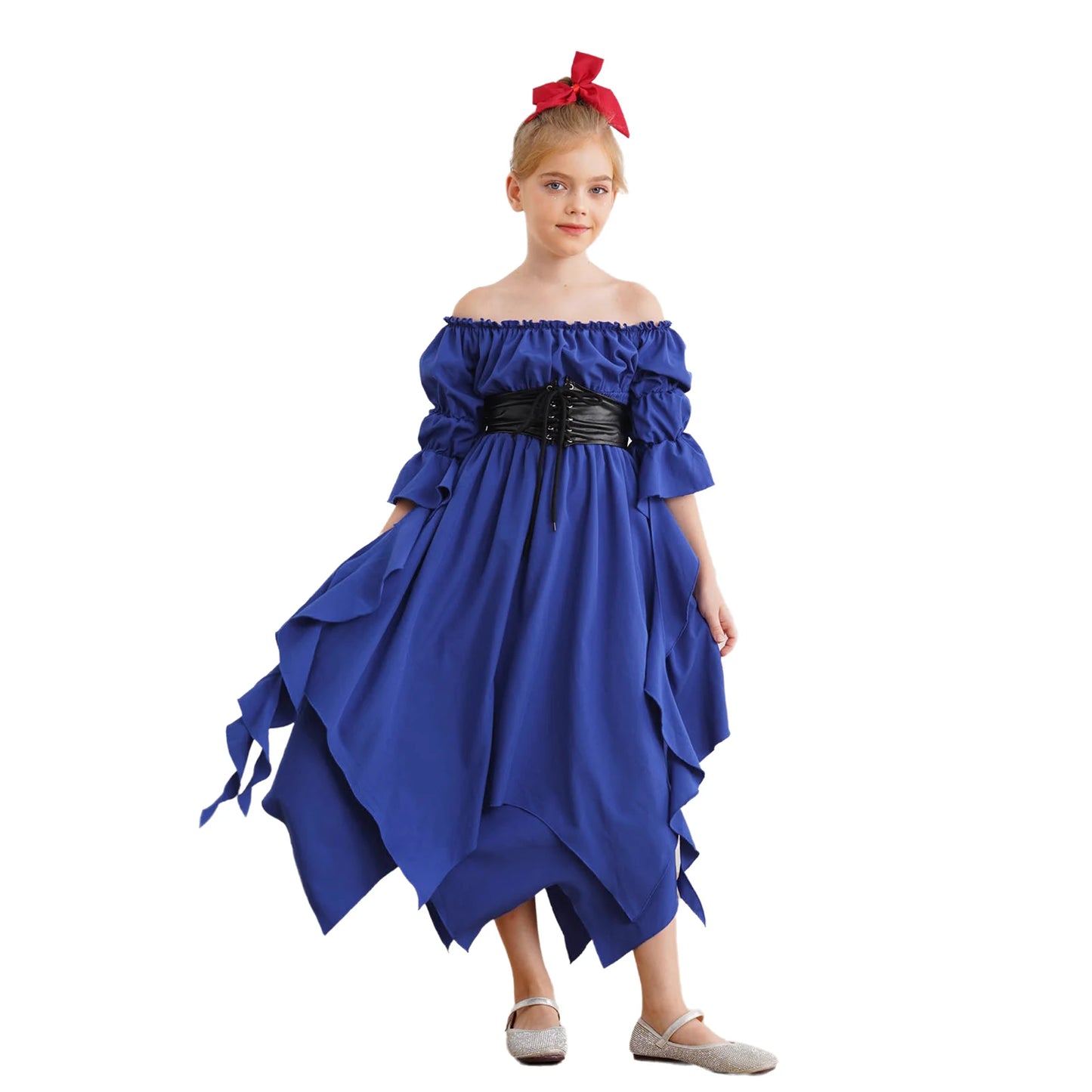 Girls Halloween Medieval Renaissance Witch Vampire Cosplay Costume Victorian Gothic Dress Off Shoulder Smocked Irregular Gown