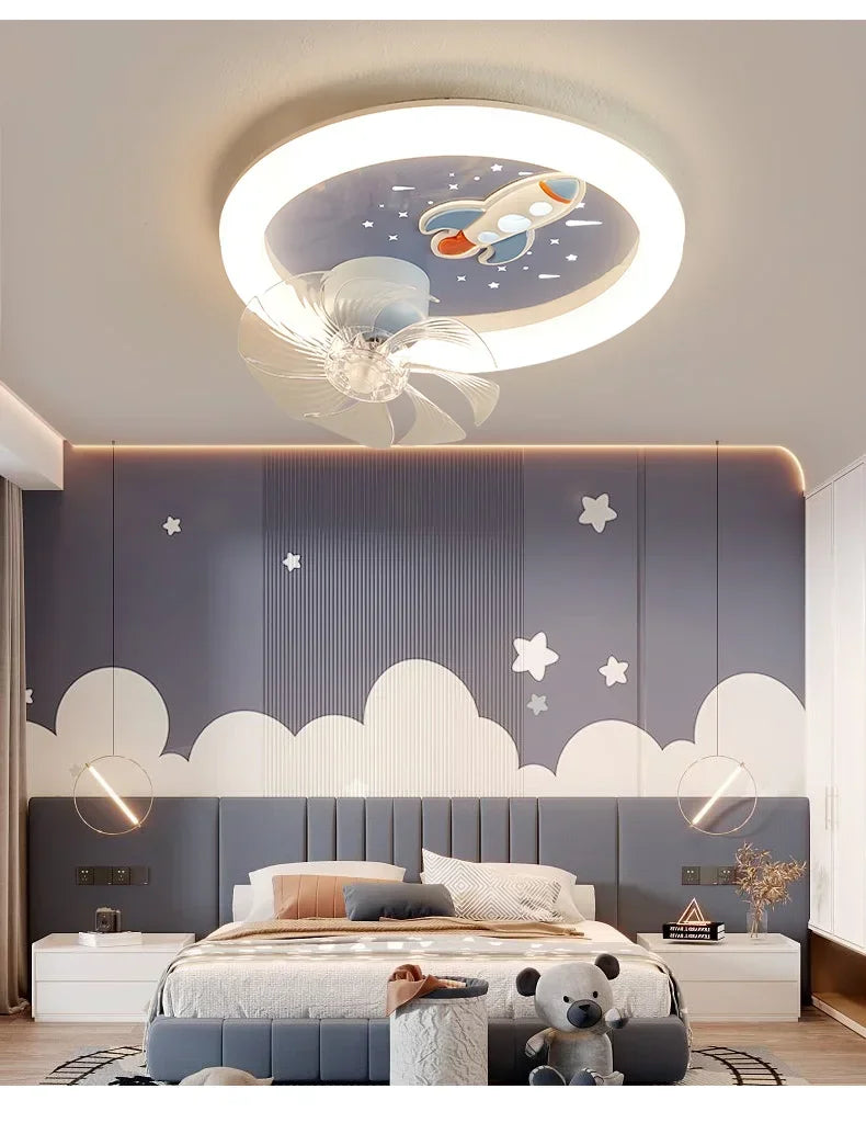 Modern Kids Room Ceiling Fan Light Cartoon Moon Astronaut Ceiling Lamp Boy Girl Bedroom Nursery Study Chandelier Ceiling Lights
