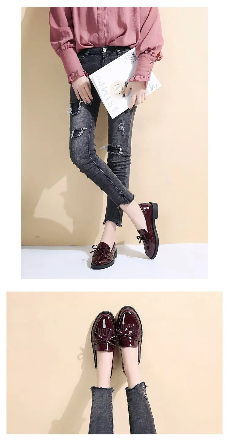 Black Patent Leather Women's Loafers Platform Slip on Shoes for Women 2025 New Spring British Tassel Casual Flats Shoes Woman