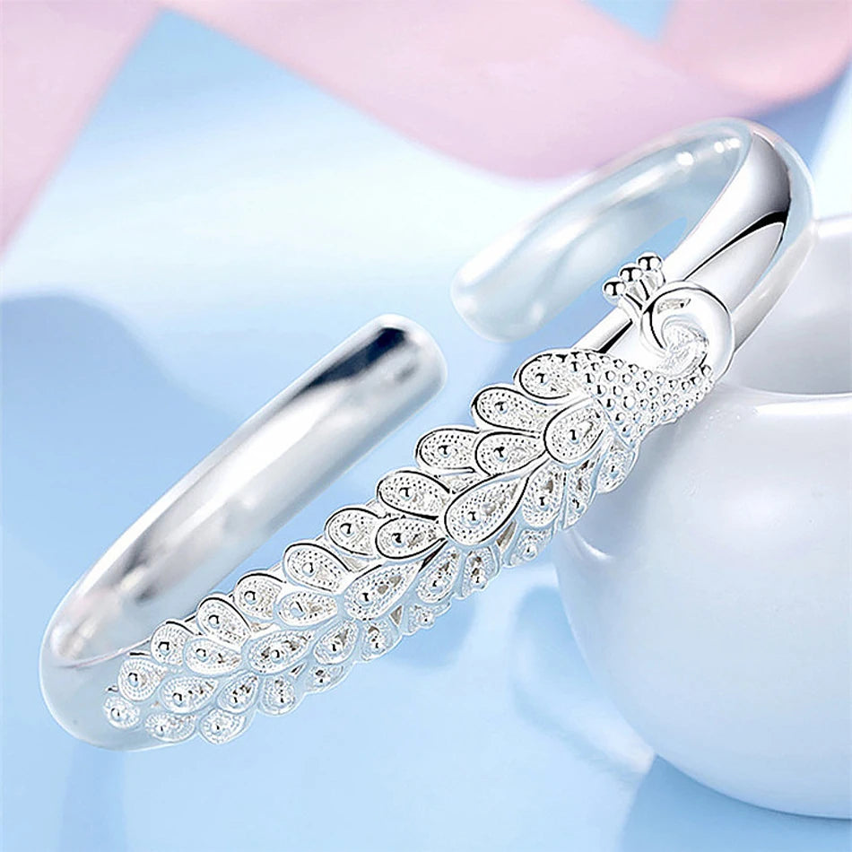 925 sterling silver elegant Peacock opening screen bracelet Bangles for women fashion party wedding Accessories jewelry gift