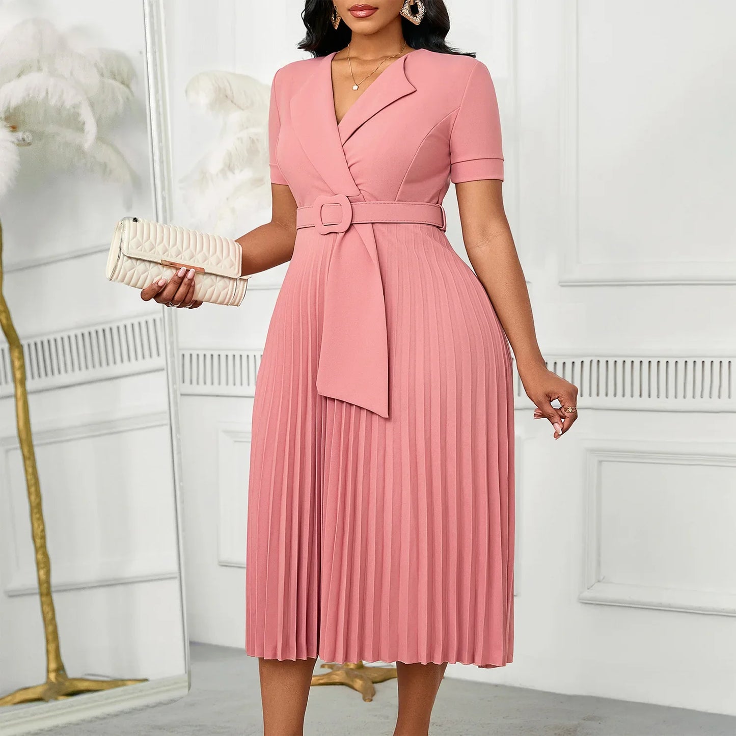 Sexy Short Sleeve V-Neck Elegant African Pleated Dress High Waist Midi Dress Fashionable Atmosphere Casual Elegant Style