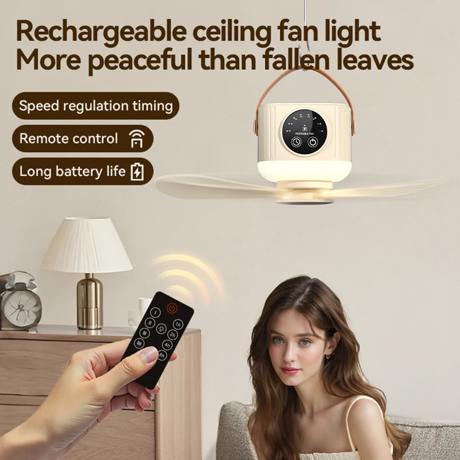 Mini Ceiling Fan, 4 Speeds, LED Screen, 3-Level Night Light, 4 Timers (1-8H), 3600mAh Battery, Remote, Quiet USB Fan for Camping