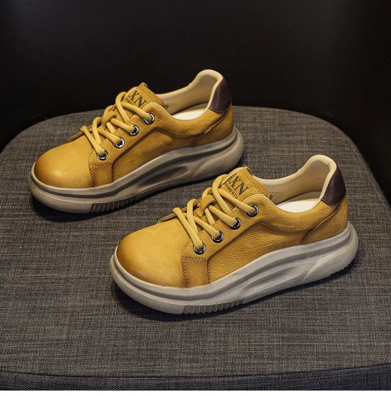 DRKANOL Spring Genuine Leather Casual Sneakers Women Thick Bottom Platform Lightweight Single Shoes Ladies Wedges Heel Shoes