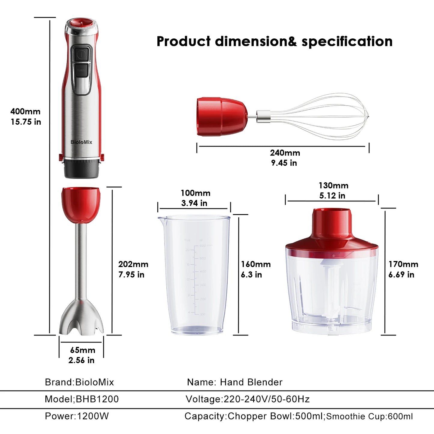 BioloMix 4-in-1 Hand Stick Blender 1200W Stainless Steel Immersion Mixer Chopper Smoothie Cup Ice Blades for Baby Food