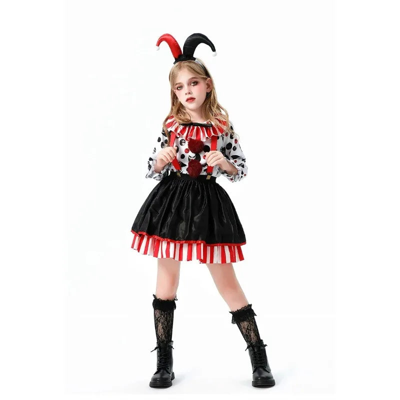 Halloween Cosplay Costumes Horror Clown Dresses Pants Headwear Clothes Sets Carnival Theme Party Role Playing Outfits for Girls