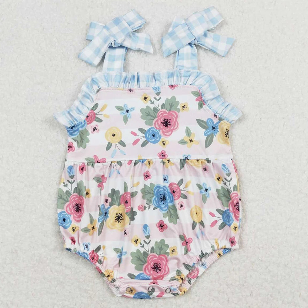 New Fashion Baby Girls Rompers Pink Checkered Flowers Short Sleeve Rompers Boutique Toddler Girls Bubbles Summer Baby Onesie Hot