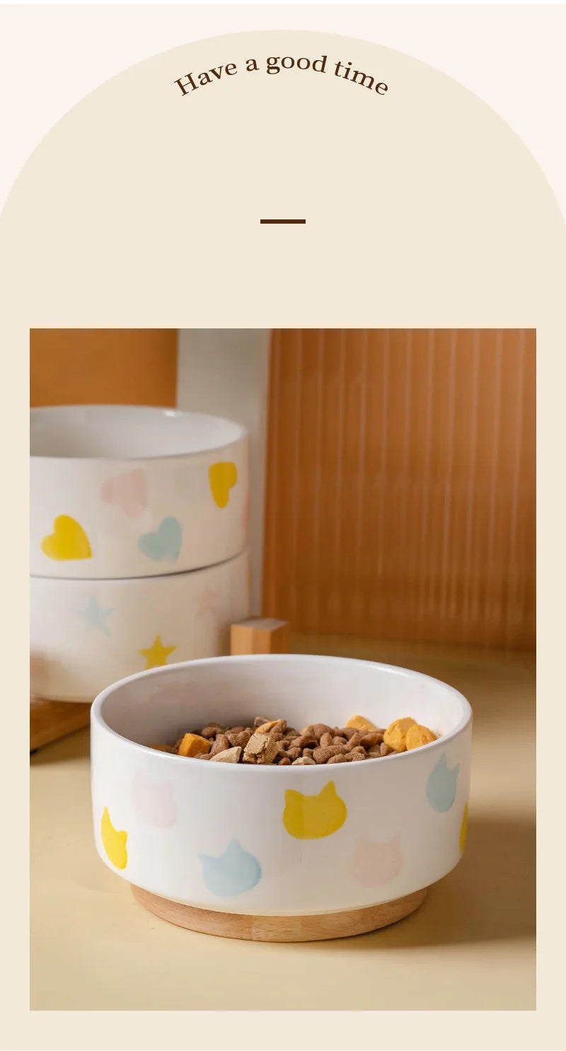 Ceramics Dog Bowl with Wood Mat Wide Mouth Feeding Bowls Food and Water Pet Feeder for Cat Puppy Protecting Cervical Spine