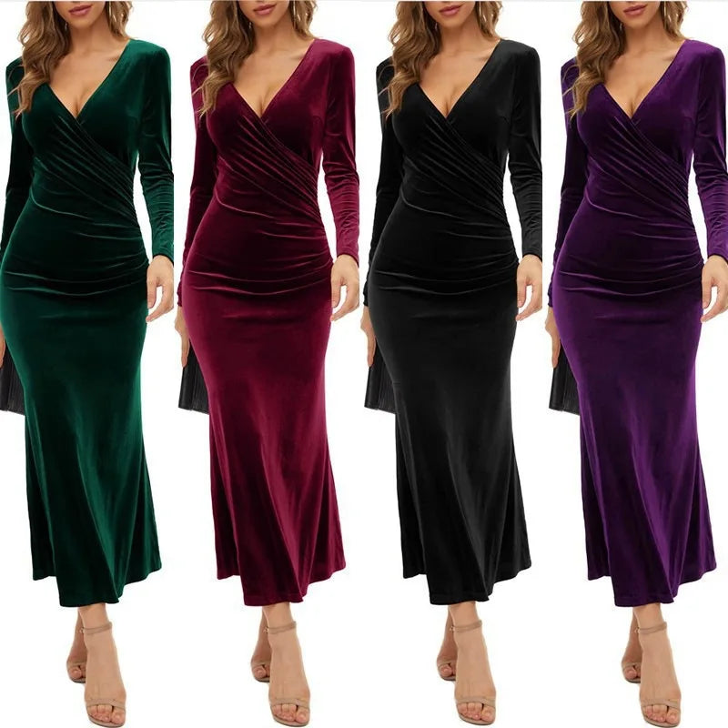 Lady Dress New Year Christmas Elegant vintage velvet autumn Winter V-neck long sleeve stretch waist length dress Party Dress