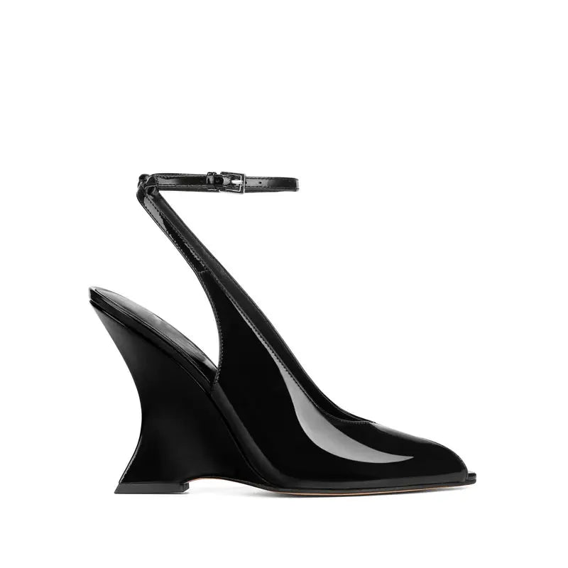 Ladies' Summer Slope Heel Fish Mouth Sandals Thick High Heels Black Comfortable Large Toothed Sandals