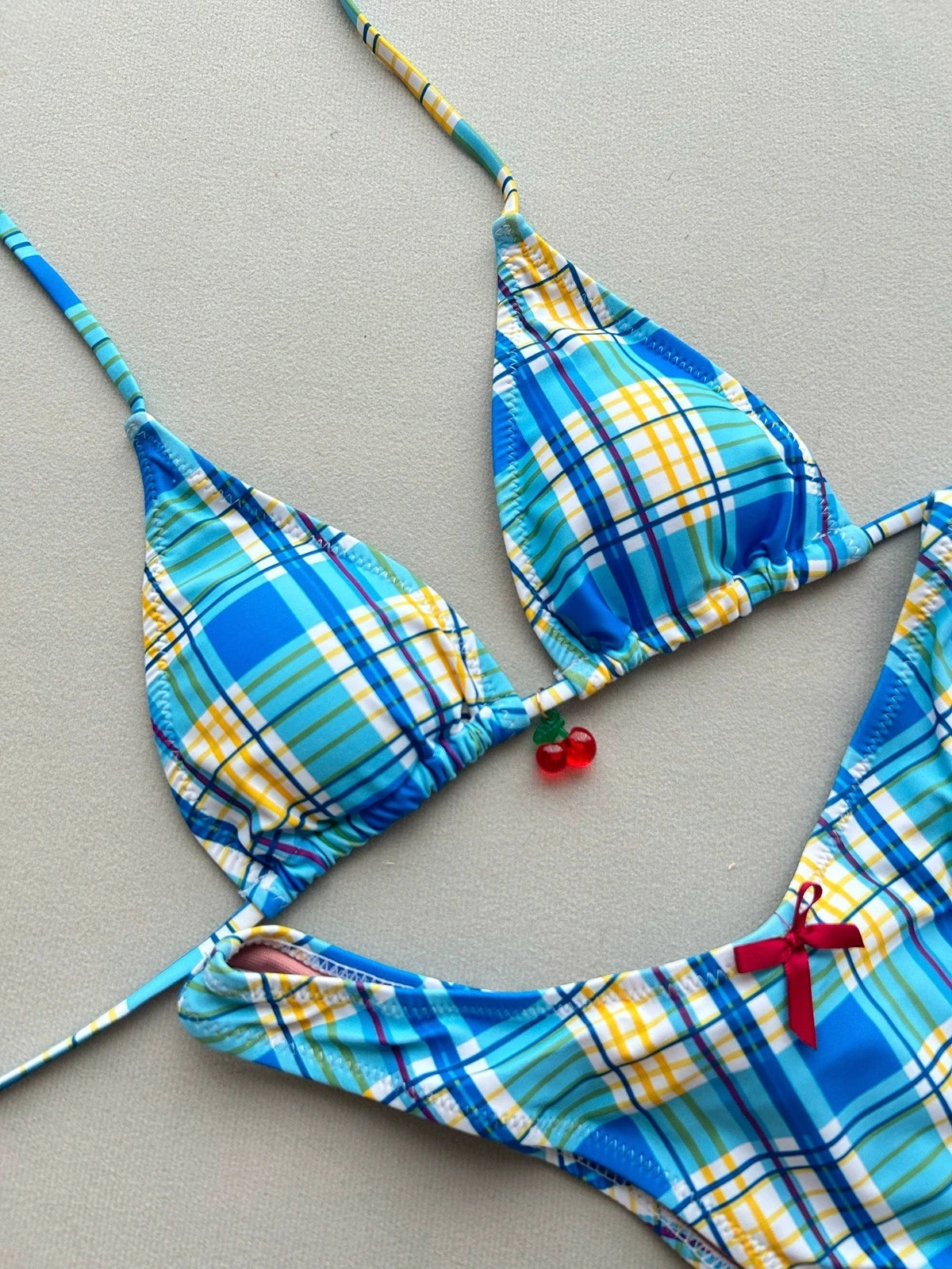 Sexy Blue Plaid Micro Bikini Set 2026 Women Halter Push Up Bra Bow Thong Swimsuit Summer Holiday Bathing Suit Triangle Swimwear