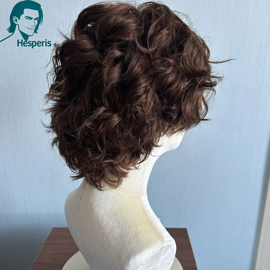 Hesperis Brown Short Curly Human Hair Wig Pre-Style Cut Lace Front with Bangs Men's Fashion Daily Lace Frontal Wigs For Male