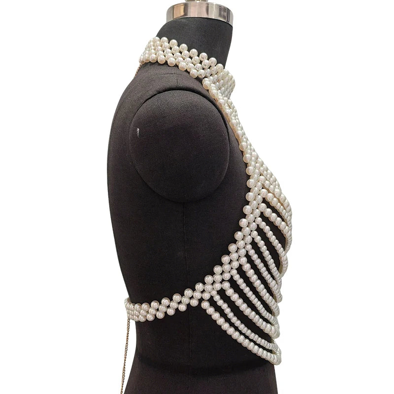 Handmade White Pearl Multilayer Bridal Halter Neck Vest Body Chain Pearl Bralette Chest Harness Beaded Bra