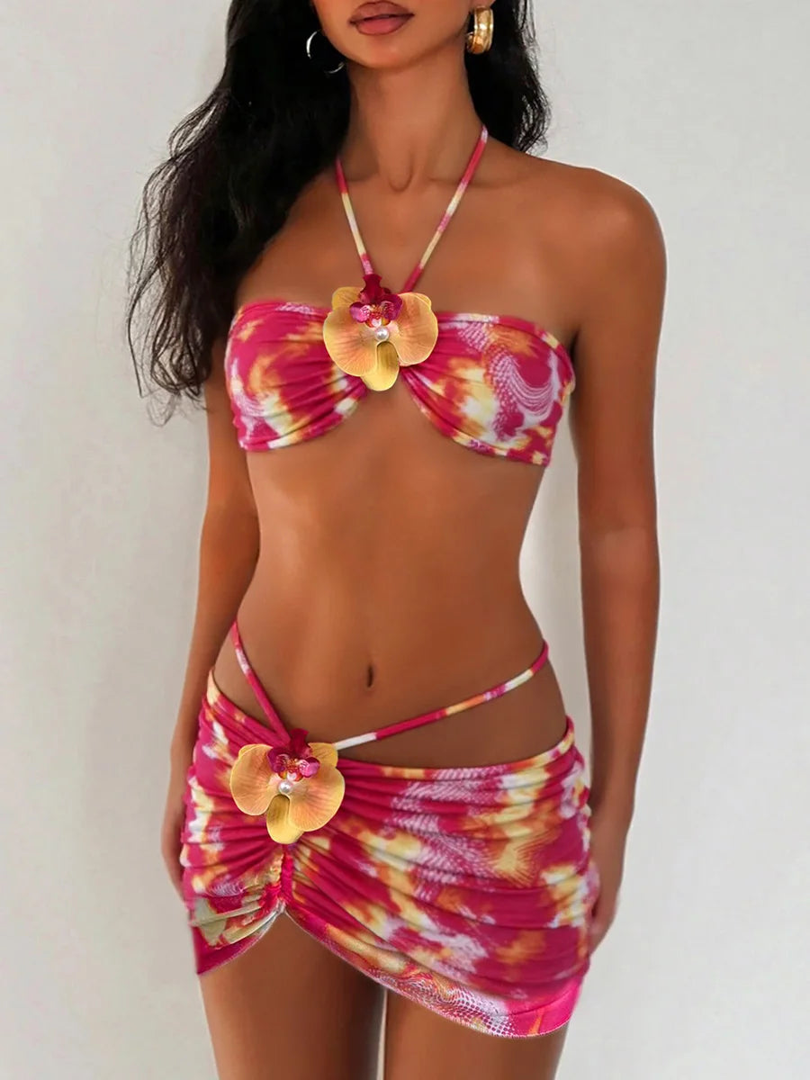 with Mesh Skirt 3D Flowers Halter Bandeau Bikini Women Swimsuit Female Swimwear Three-pieces Bikini Set Bathing Suit Beachwear