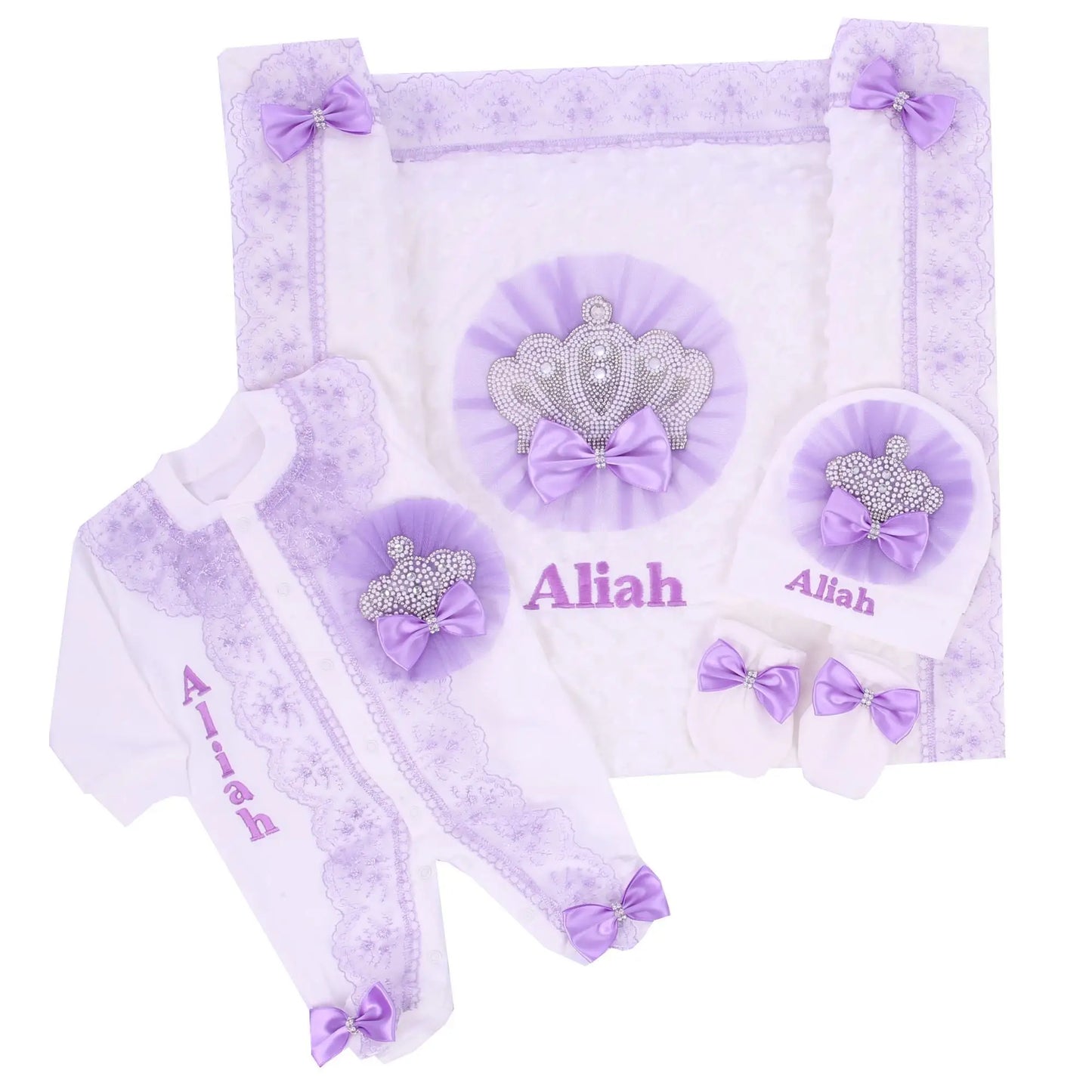 Customized Name Newborn Baby Boss Embroidery Lace Romper Outfit Infant Wrapped Baby Products Pants Mittens Receiving Blanket