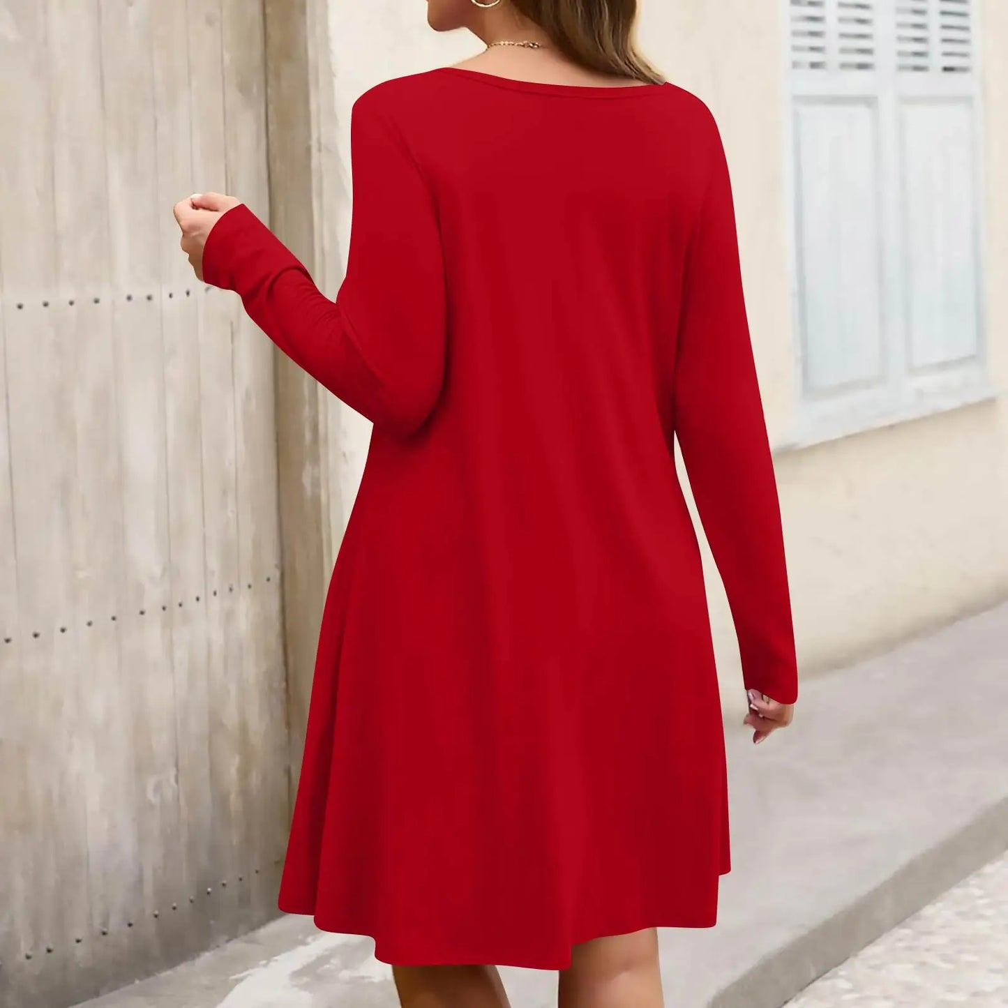Plus Size Dress for Women Solid-Colour Casual Dress Spring/Autumn Pocket Round Neck Long-Sleeved Dresses vestidos femenino