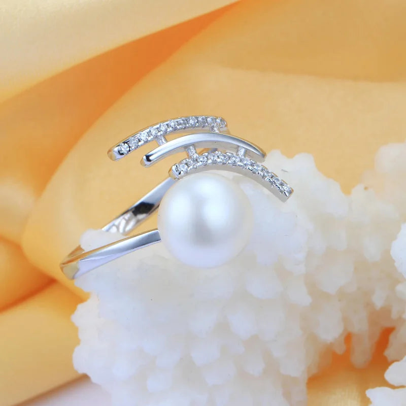 YWYC 8-9mm Natural Freshwater Pearl Rings for Women 925 Sterling Silver Crystal Zircon Adjustable Rings Jewlery Gift Wholesale