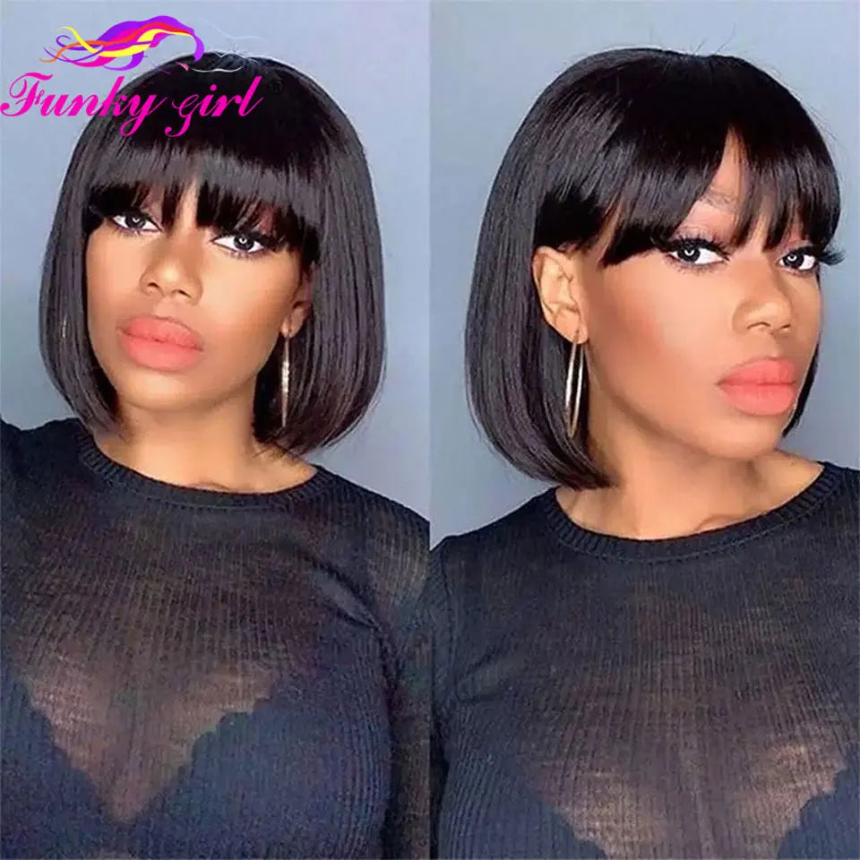100% Human Hair Wig With Bangs Brazilian Straight Bangs Bob Wigs Full Machine Made Wig For Women Short Bob Wigs 8-16Inch