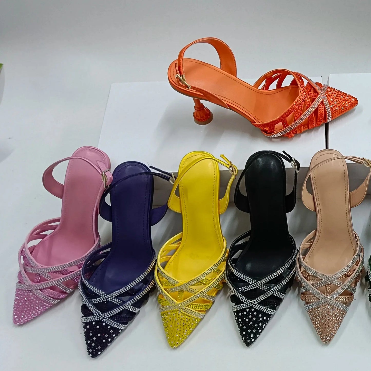 INSIGHTLINK Lady Olive green/Orange/pink/Yellow Rhinestones high-heeled sandals Women Wedding banquet Dress high heels shoes