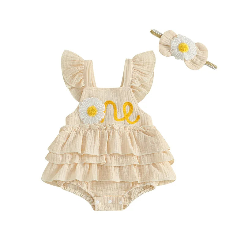 Newborn Baby Girls 1st Birthday Romper Dress Summer Cute Daisy Letter Embroidery Fly Sleeves Ruffles Jumpsuit and Headband Set