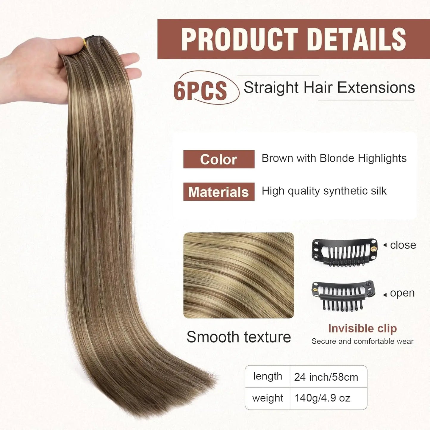 Synthetic Clips in Hair Extensions 6Pieces/Set 24 Inch Long Straight Extensions for Women Hairpiece