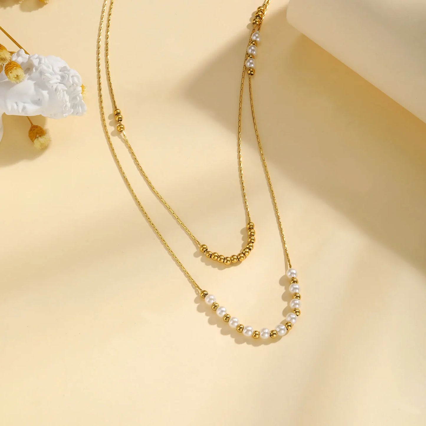 Pearl Choker Necklaces For Women, Double Layered Pearls Chain Necklace, Minimalist Stainless Steel Wedding Jewelry
