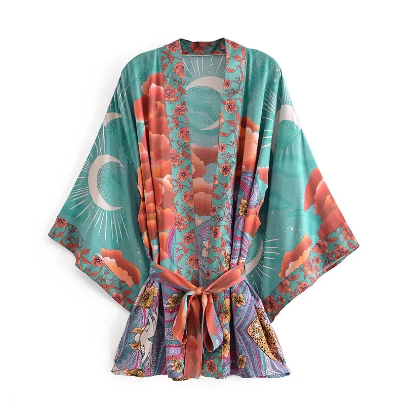 Happie Queens Vintage Star and Moon Floral Print Sashes Women Bohemian V Neck Batwing Sleeves Happie Short Robe Kimono