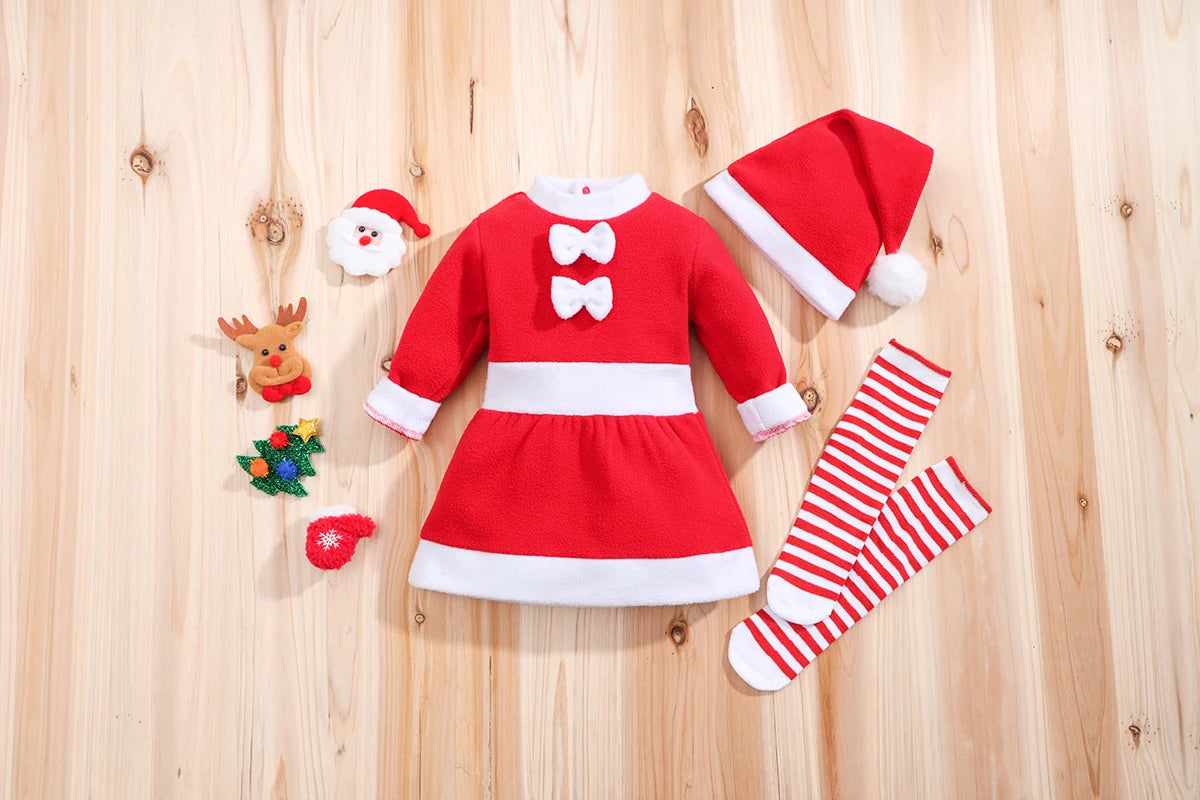 IURNXB Infant Baby Girl Dress with Hat Socks Christmas Outfits 3pc Set Cute Santa Claus Long Sleeve Princess Skirt Dresses 0-18M