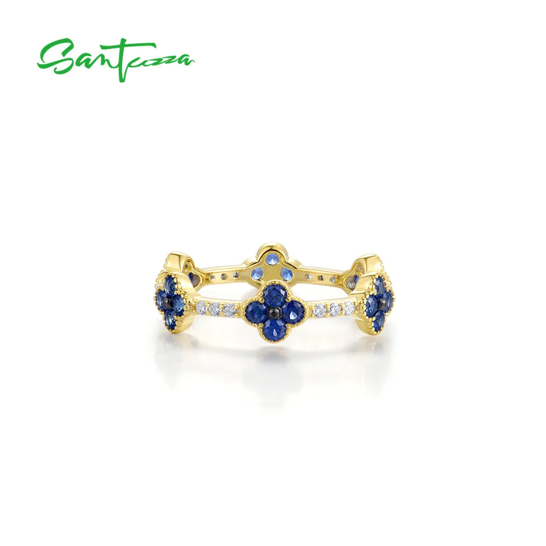 SANTUZZA 925 Sterling Silver Stackable Ring For Women Created Ruby Sapphire White CZ Delicate Flowers Wedding Gifts Fine Jewelry