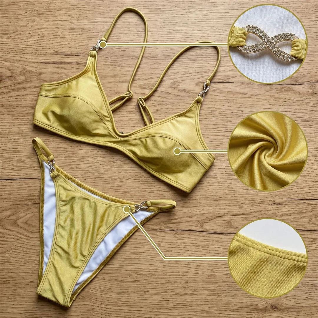 10 Colors V Neck Rhinestones Bikini Female Swimsuit Women Swimwear Two-Pieces Bikini Set Padded Bather Bathing Suit Swim V8138