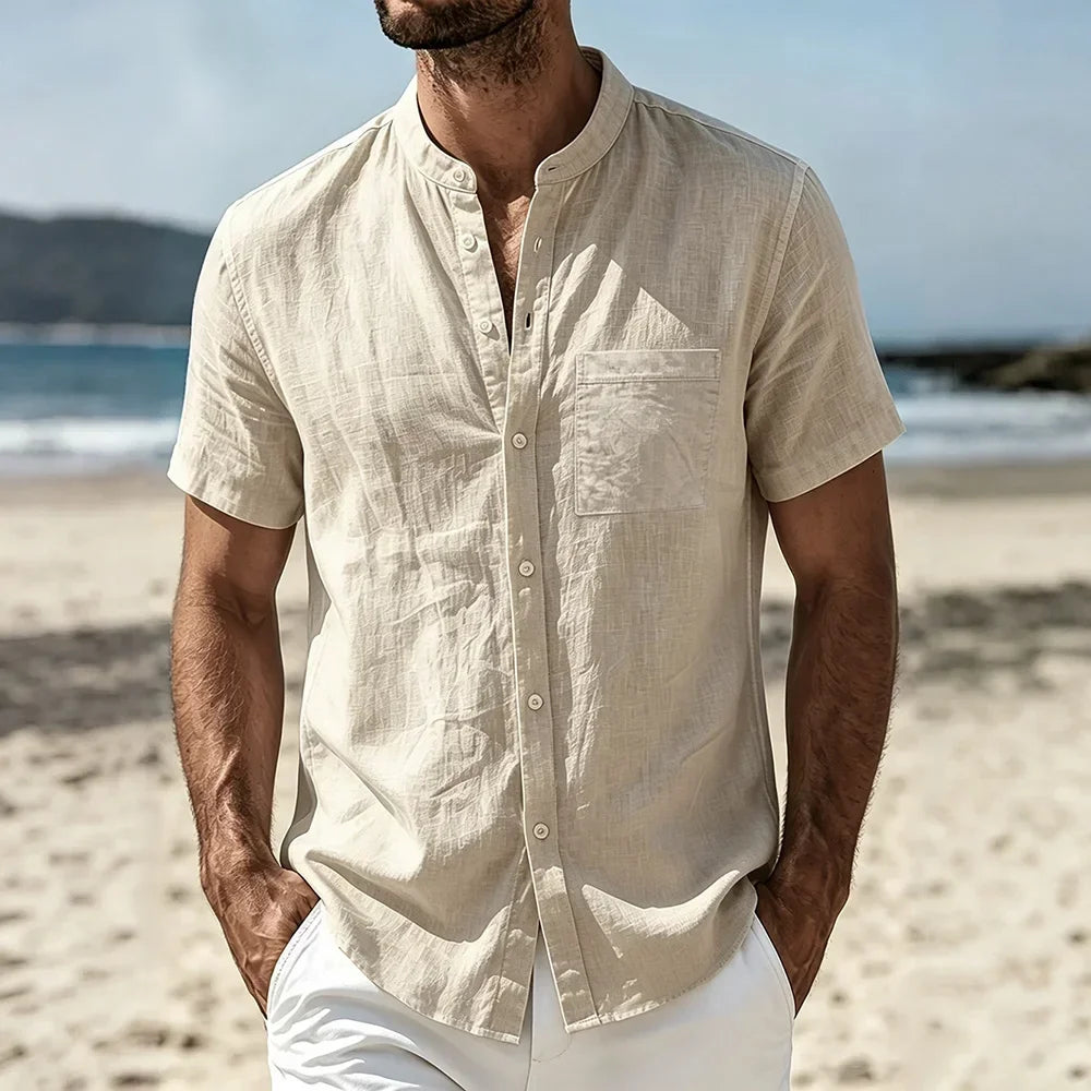 Men's Cotton Linen Shirt Summer Lightweight Breathable Short Sleeve Henley Neck Casual Shirts Male Vacation Beach Style Tops