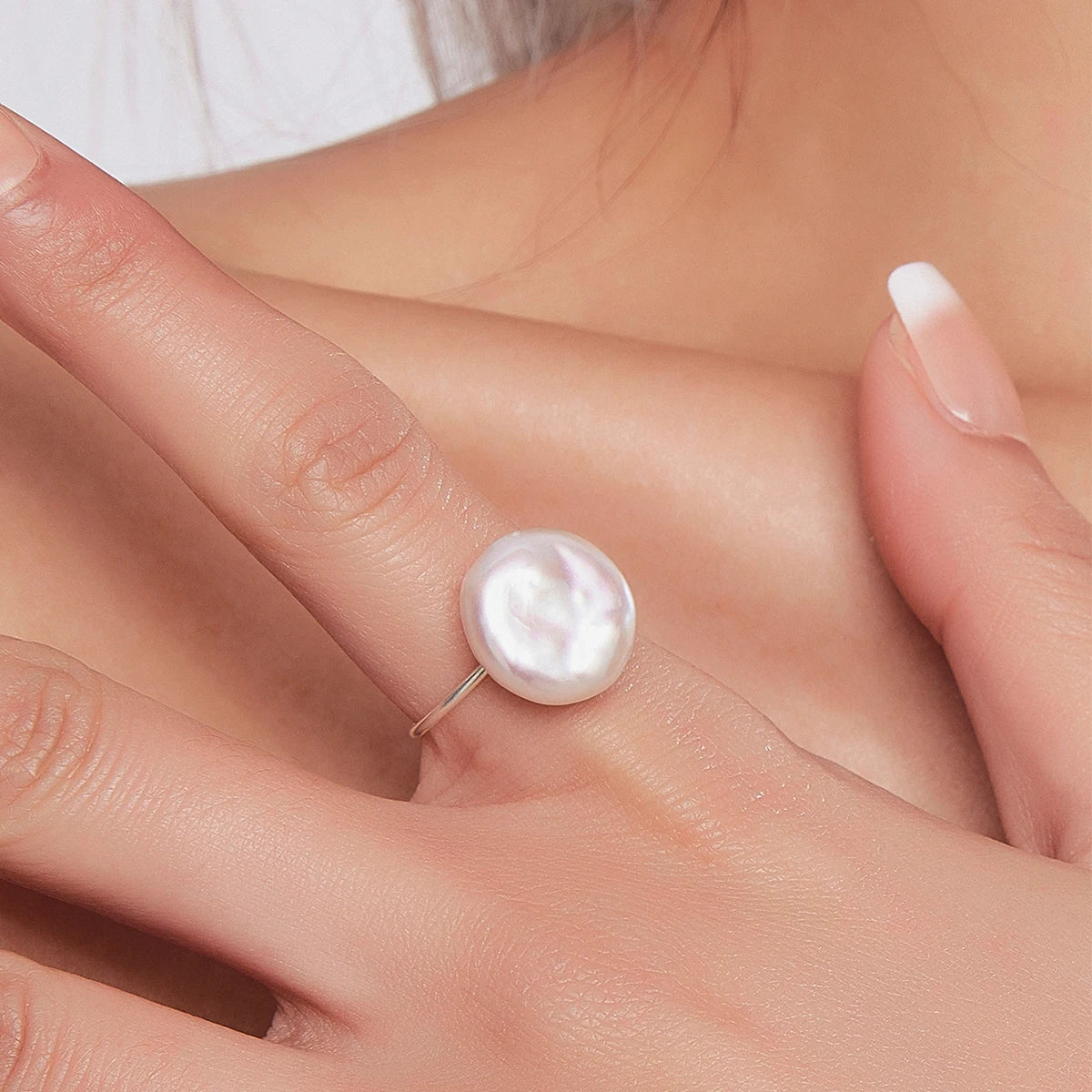 HENGSHENG Summer Fashion 12-13mm Large Button Shape Natural Freshwater White Pearl Ring Jewelry Gift for Women Girls  S925 Rings