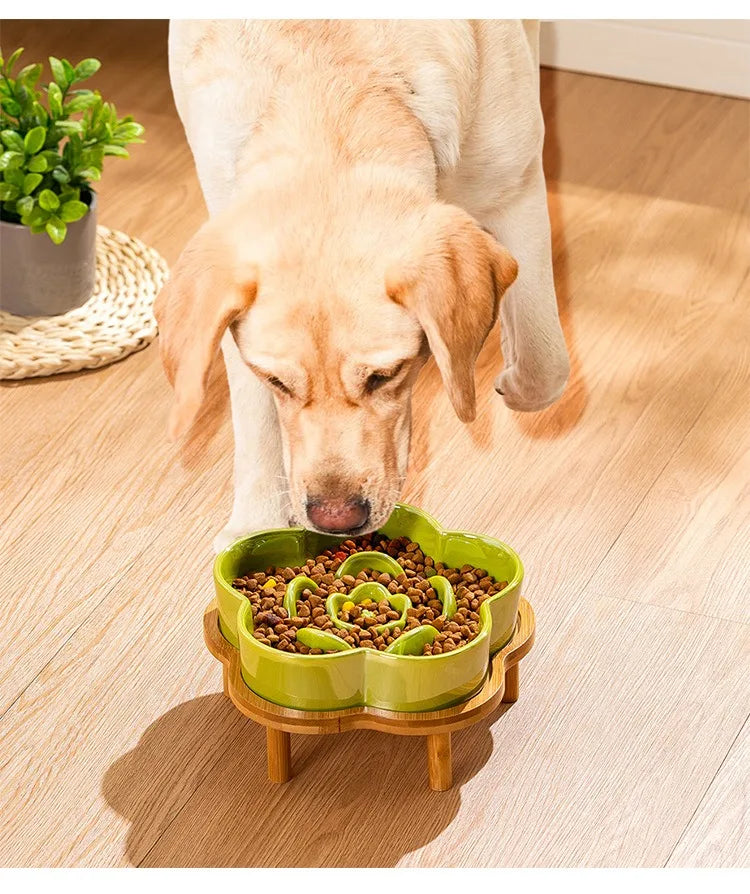 Ceramic Dog Slow Food Bowl Anti-choking Medium and Large Dog Food Basin Cat Bowl with Wooden Frame Pet Feeding Supplies With