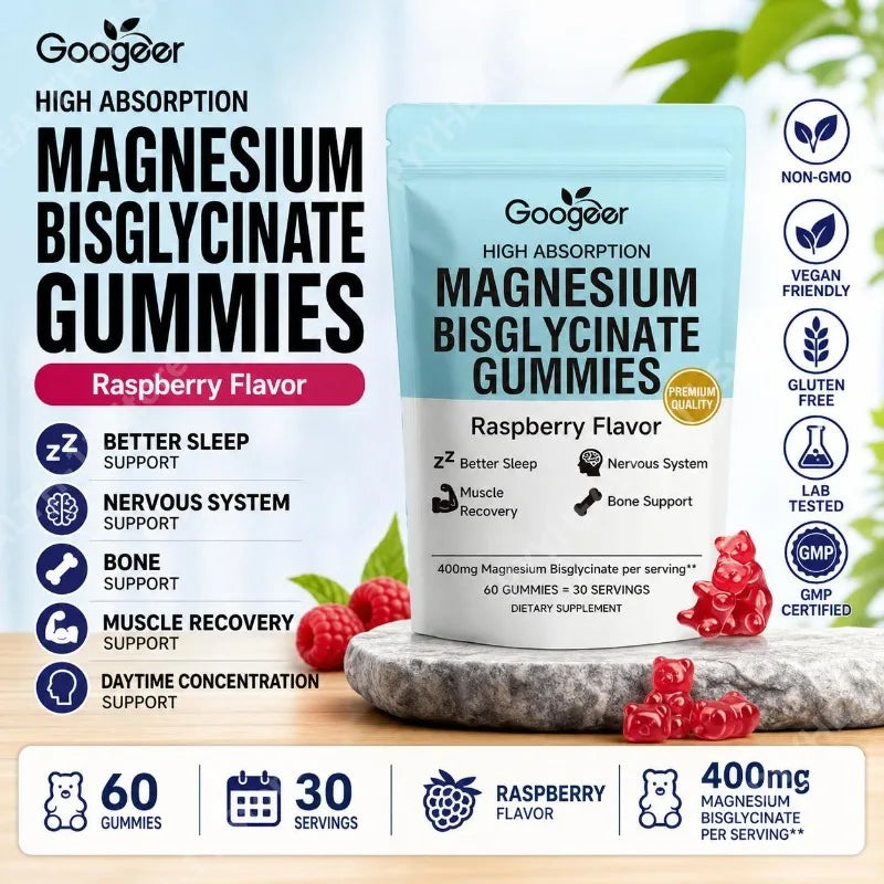 Googeer Magnesium Bisglycinate Gummies for Better Sleep Daytime Concentration & Nervous System Support Raspberry 60 Gummies