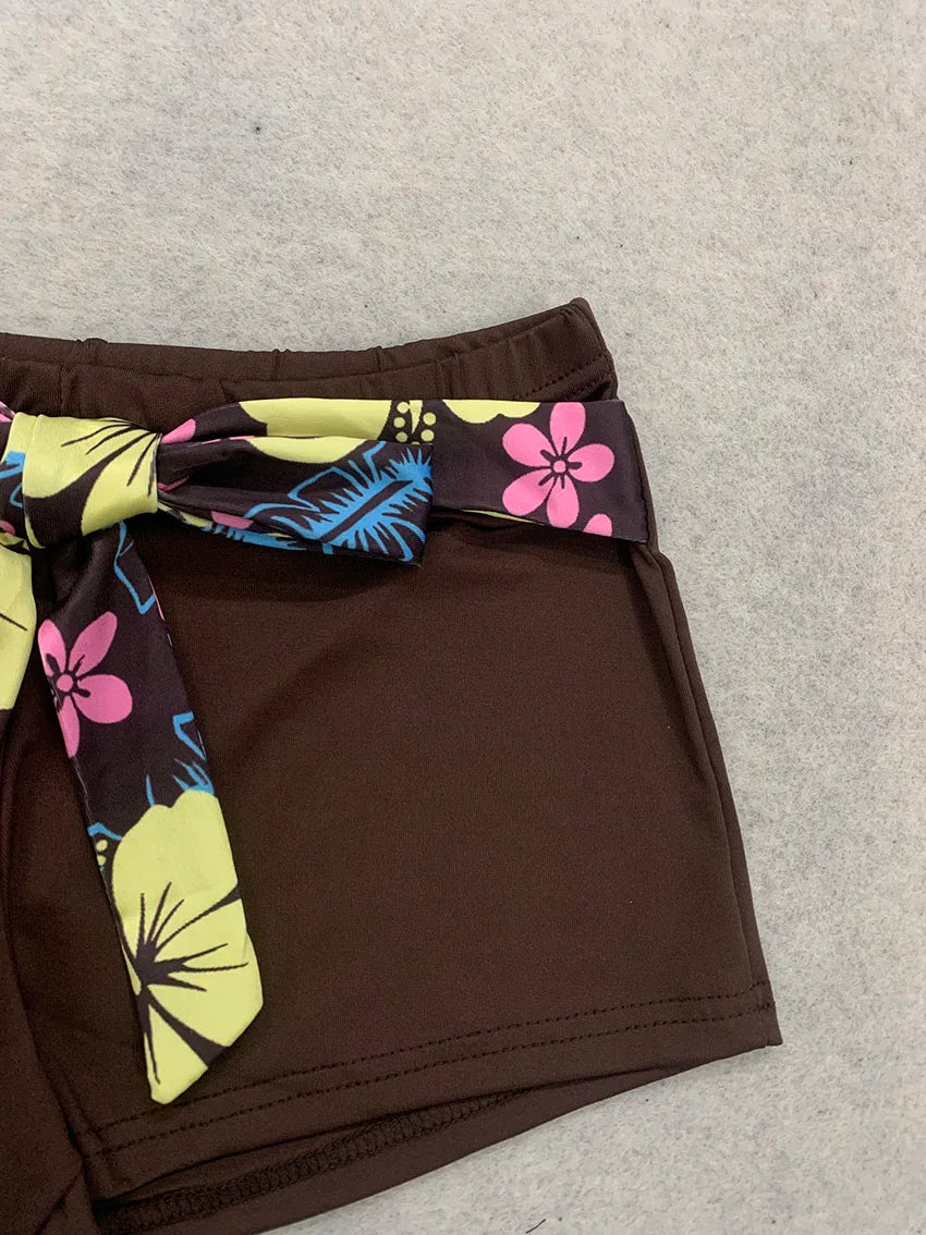 Retro Hawaiian Style Women Tankini Swimwear Floral Halter V Neck Shir Top Matching Brown Short Bottom Self Tie Waist Beach Suits